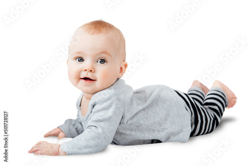 Cuadro en lienzo Seven month old baby child sitting on white background isolated with clipping path