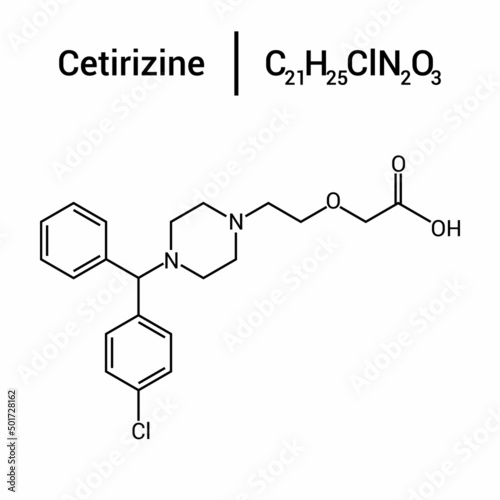 chemical structure of Cetirizine (C21H25ClN2O3)