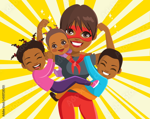 Strong healthy super mom of African Ethnicity with her three cute little children holding them on powerful arms and confidence