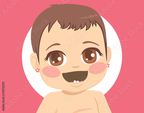 Funny cute little baby girl smiling showing first teeth
