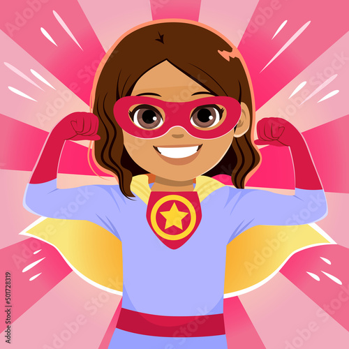 Little happy girl dressed like superhero kid with pink comic background. Vector illustration.
