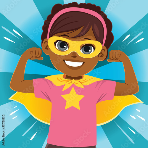 Little happy girl dressed like superhero kid with smiling mouth show power. Vector illustration.