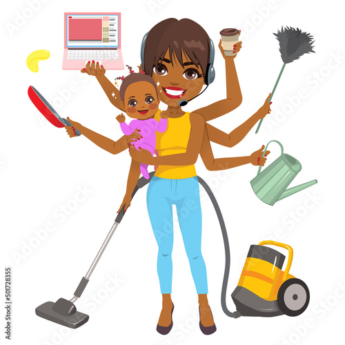 Mother in casual clothes holding newborn baby and with different hands cleaning working talking by phone with call center headset cooking drinking coffee cleaning with duster vector illustration