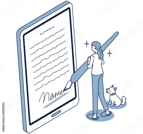 自宅でスマホを使ってオンライン署名をする女性のアイソメイラスト