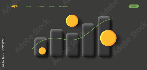 Web banner with 3d volume bar chart with golden coins