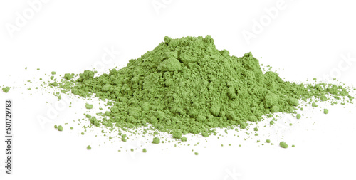 Heap of matcha green tea powder isolated on white
