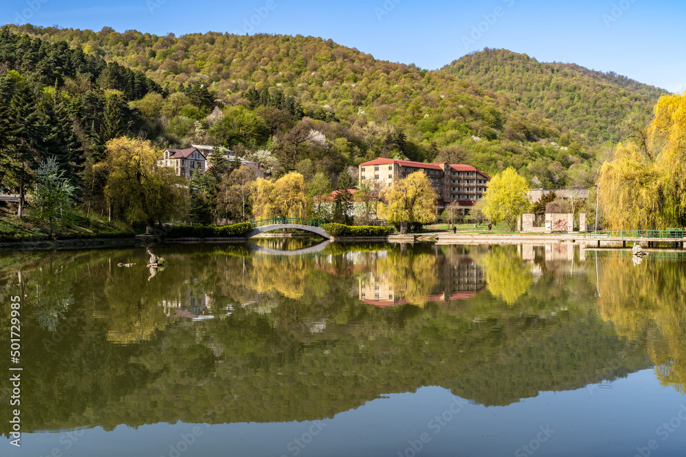 Beautiful view of small lake at Dilijan city park on sunny morning