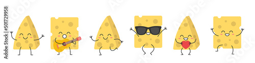 Set pieces of cheese cute character cartoon greeting jumping loves sings running smiling face happy joy emotions vector illustration.