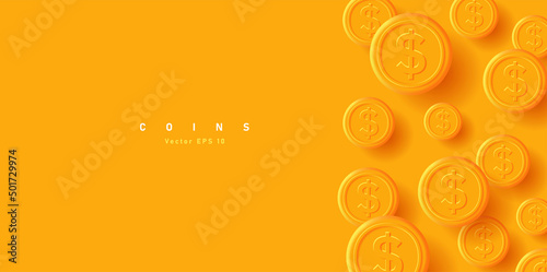 Yellow background with golden dollar coins falling, 3d cartoon modern style