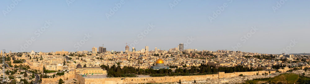 Panoramic view of Jerusalem old city from the Mount of Olives. Al-Aqsa Mosque