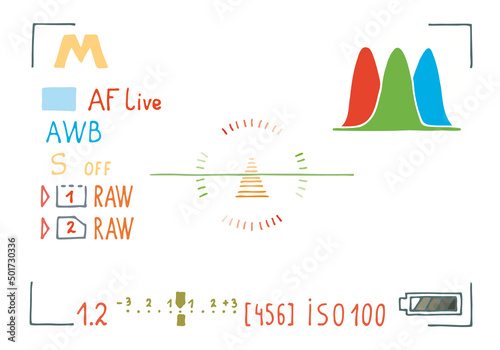 Camera settings in the camera viewfinder in doodle style. Hand Drawn. Freehand drawing. Sketch.	