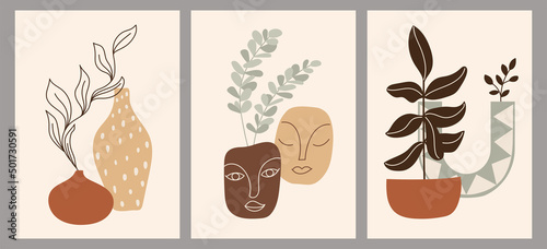 Set of creative minimalist hand-painted illustrations with decorative vases, branches, leaves, flowers and abstract color blots. For postcard, placard, placard, brochure, cover design.