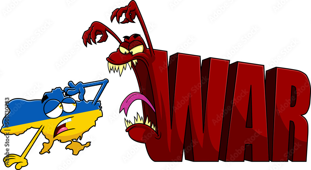 Angry War Text Аttack Ukraine Map With Ukraine Flag Cartoon Characters. Vector Hand Drawn Illustration Isolated On White Background Angry War Text Аttack Ukraine Map With Ukraine Flag Cartoon Characters. Vector Hand Drawn Illustration Isolated On White Background