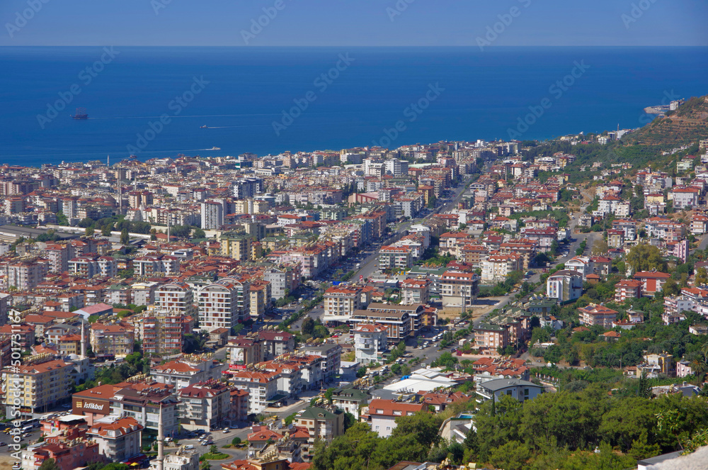 Turkey. Alanya. 09.21.21. View from a height of a resort town located near the Mediterranean Sea in the mountains.