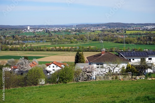 Wanderweg mit Panorama im Frühling an der Napoleonsnase in Launsbach vor blauem Himmel bei Sonnenschein in Wettenberg Krofdorf-Gleiberg bei Gießen in Hessen photo