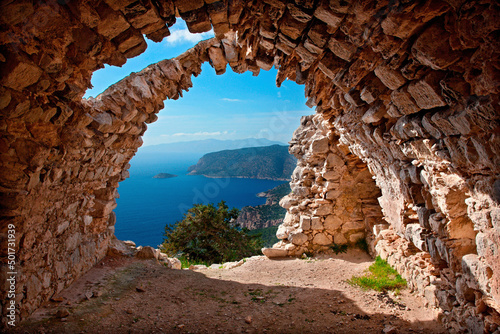 View from inside Monolithos castle (15th century), Rhodes island, Dodecanese, Greece.