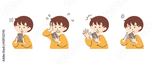 スマホを持つ女性のシンプルなイラストセット_A05【ショートボブ】