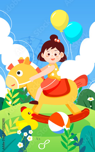 Children day girl rides a wooden horse on the lawn with plants and clouds in the background, vector illustration