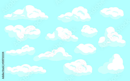 White cartoon clouds set on blue isolated
