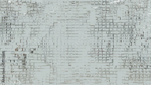 Gray abstraction with lots of cubic elements of different sizes. Light textured background with glass rectangles. 3D image. 3D rendering. 3D illustration. 