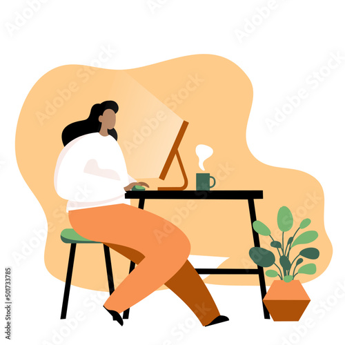 people working on a computer. A girl are working on a laptop. Vacancy, resume. Suitable for registration on the topic of job search and workers. Isolated. Vector.