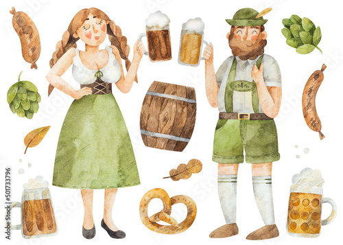 Obraz na plátně Watercolor Oktoberfest set with illustration of woman and man in green tradition