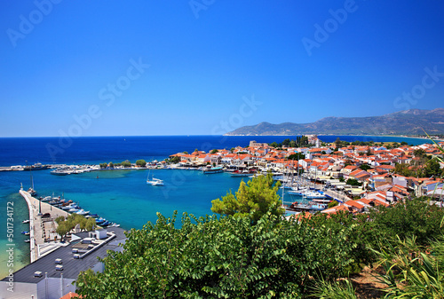 Panoramic view of Pythagoreio town (birthplace of ancient mathematician and philosopher, Pythagoras), Samos island, Northern Aegean, Greece.