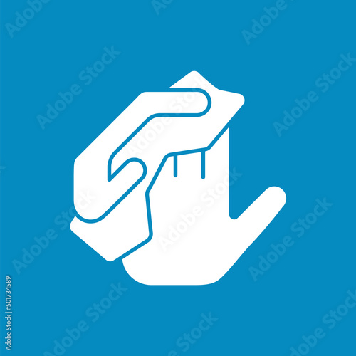  Hand washing glyph icon. Wrapped hands by wet napkins. Disinfection. Hygiena concept. Filled flat sign. Isolated silhouette vector illustration