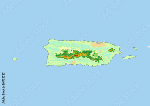 High detailed vector Puerto Rico physical map, topographic map of Puerto Rico on white with rivers, lakes and neighbouring countries. 
