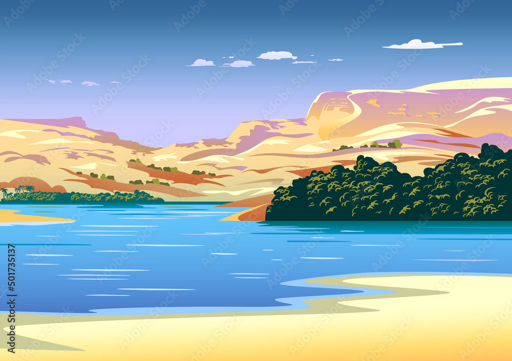 Panoramic landscape with coast, lake and mountains in the background.  Handmade drawing vector illustration. Stock Vector | Adobe Stock