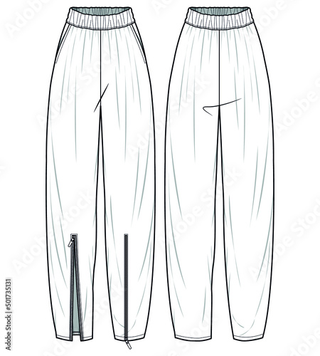 Balloon Pant with Front Zip Hem, Elasticated Waist Balloon Bottom, Zipped Hem Pant Front and Back View Fashion Illustration Vector, CAD, Technical Drawing, Flat Drawing.	