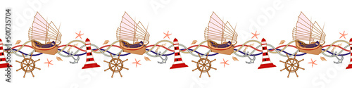 Nautical, cute marine concepts border seamless pattern design with rope, sailboat, ship wheel, lighthouse, anchor, marine elements, icons long horizontal background