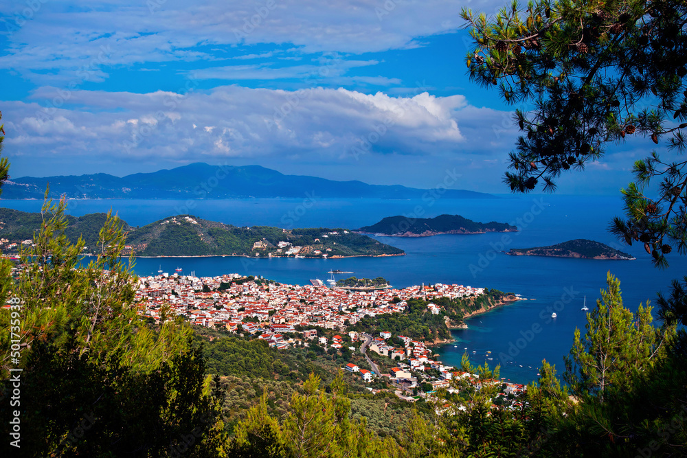 Panoramic view of Skiathos town, Skiathos island, Northern Sporades, Magnessia, Thessaly, Greece.