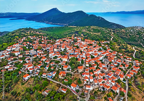 Aerial view of Trikeri village, South Pelion, Magnissia, Thessaly, Greece.
