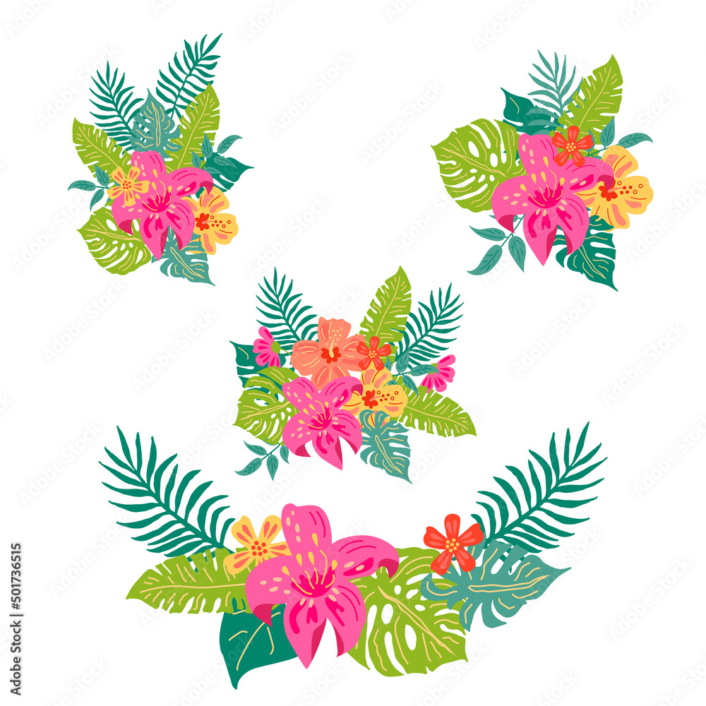 Tropical exotic flowers and leaves. Vector illustrations set isolated on white background. Flat style design element for poster, banner, party invitation, summer concept. - obrazy, fototapety, plakaty 