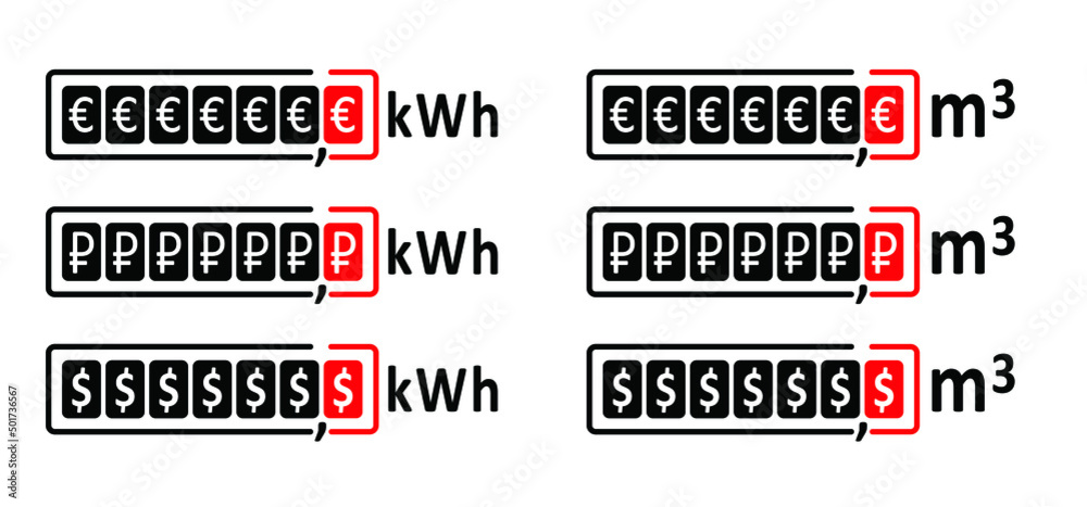 Cartoon gas, electricity meter counter. Technology sign, counter for distribution domestic gas. pay in euro, rouble or dollar. kWh or m3 sign. measure consumption, control of electric and gas price. Cartoon gas, electricity meter counter. Technology sign, counter for distribution domestic gas. pay in euro, rouble or dollar. kWh or m3 sign. measure consumption, control of electric and gas price.