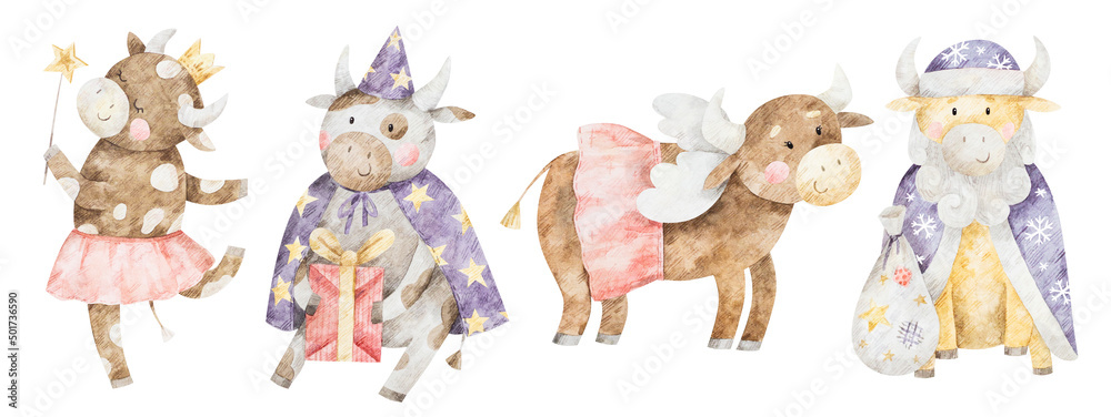 Obraz premium Watercolor illustrations of four cows in New Year fancy dresses. Hand drawn bulls with Christmas gifts
