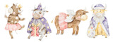 Watercolor illustrations of four cows in New Year fancy dresses. Hand drawn bulls with Christmas gifts