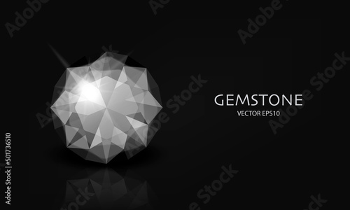 Vector Horizontal Banner with 3d Realistic Black Transparent Gemstone, Diamond, Crystal, Rhinestones Closeup on Black. Jewerly Concept. Design Template, Clipart