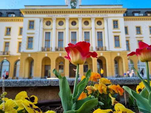 Garden with colorful flowers in front of Municipality of town Sliven, Bulgaria. Good looking building painted white and yellow. Nature surround the city.