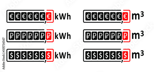 Cartoon gas, electricity meter counter. Technology sign, counter for distribution domestic gas. pay in euro, rouble or dollar. kWh or m3 sign. measure consumption, control of electric and gas price.