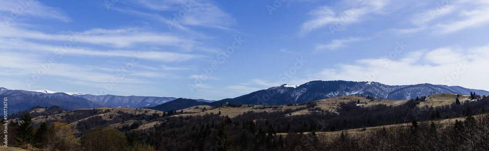 Mountains with forest and blue sky at background, banner.