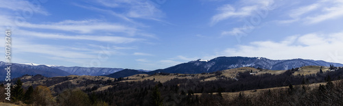 Mountains with forest and blue sky at background, banner.
