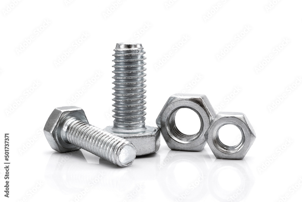 Various bolts and nuts on white background Various bolts and nuts on white background