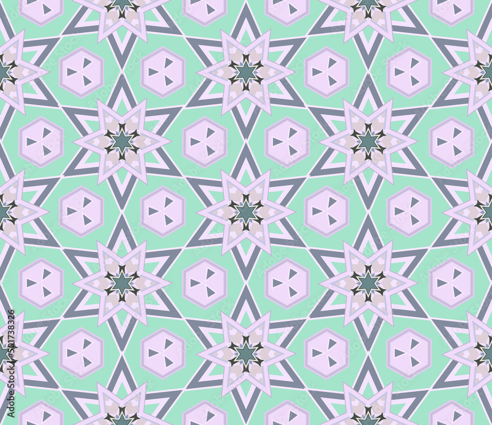 Hexagonal stars and hexagons create a pattern on a delicate green-blue background. Seamless texture. Vector illustration.