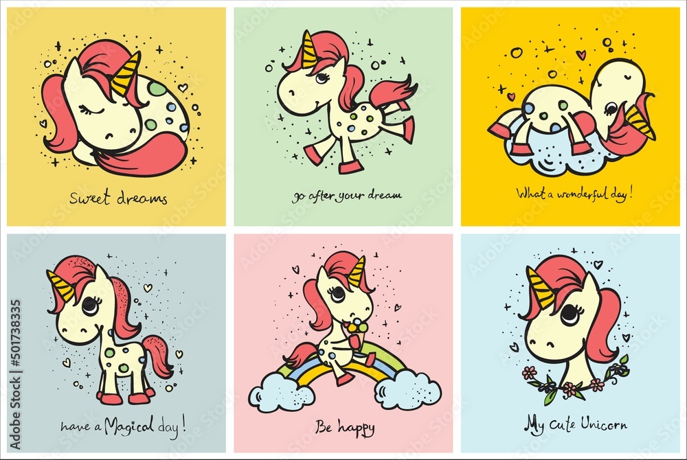 Fototapeta premium Set of 6 cute doodle magic unicorns for kid's greeting card design, t-shirt print, poster.