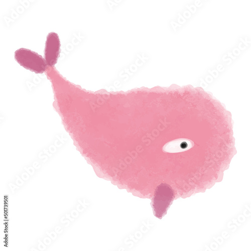 Fototapeta Naklejka Na Ścianę i Meble -  Vector Whale fish painted in pink watercolor with purple fin. Abstract illustration of the underwater world hand drawn.