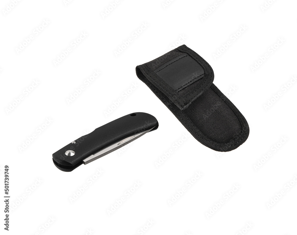 Pocket folding knife isolate on white back. Compact metal sharp knife with a folding blade. Pocket folding knife isolate on white back. Compact metal sharp knife with a folding blade.