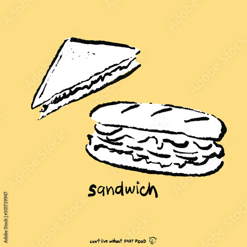 sandwich in sketch brush style. Isolated on yellow background. Hand drawn vector illustration fast food. icon sandwich