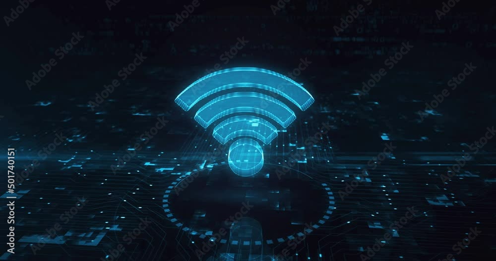 Wifi mobile communication and wireless network technology hologram symbol appears on a digital background. Cyber and computer abstract concept 3d animation.